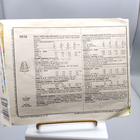 Vintage Sewing PATTERN McCalls 3510, Girls 1988 Poodle Skirt and Applique, Child - Picture 2 of 2